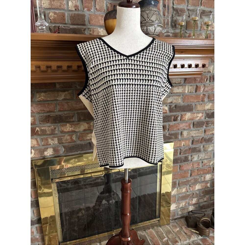 Ming Wang Sleeveless Career Blouse Tan & Black Herringbone Size 0X